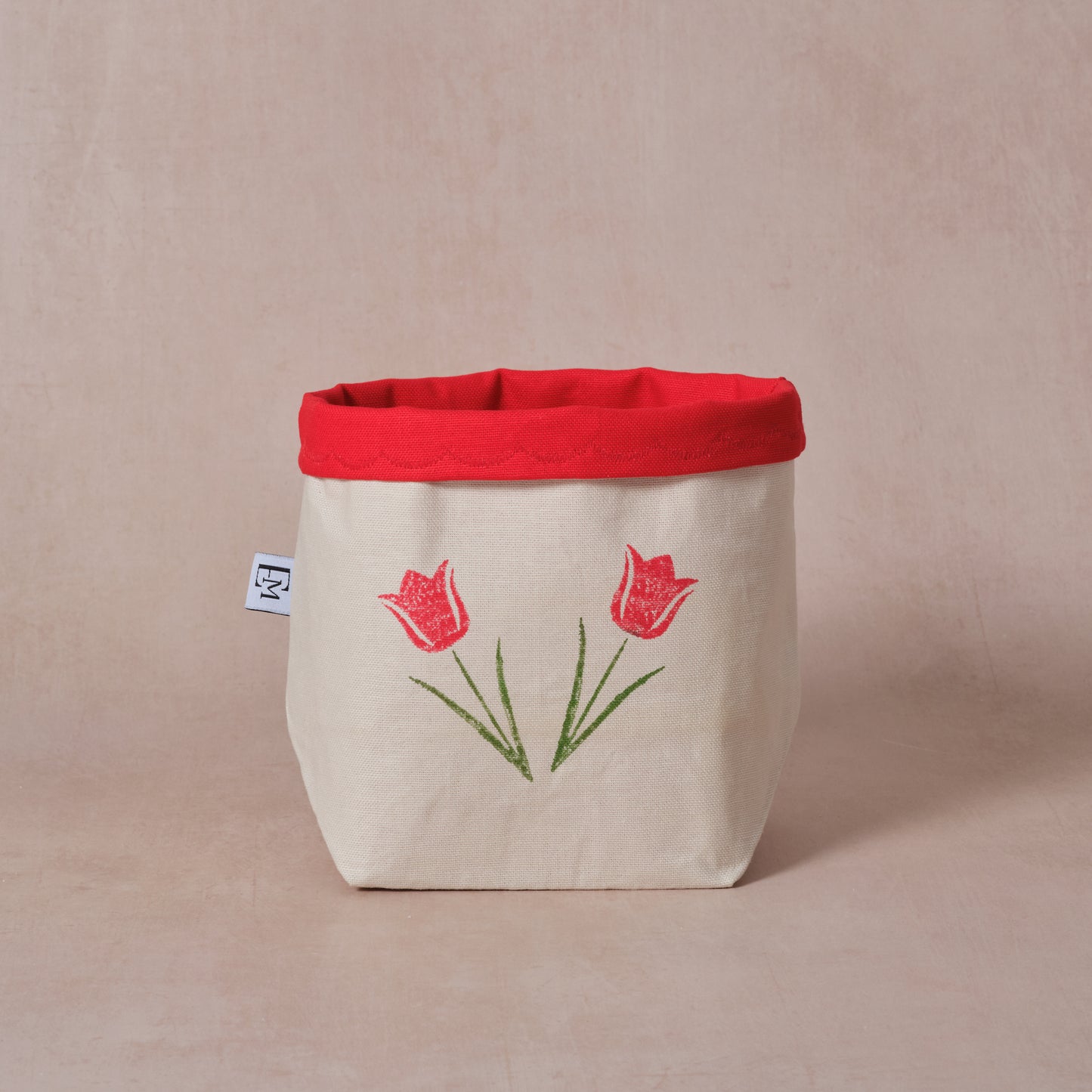 Reversible Block-Printed Fabric Basket: Tulips