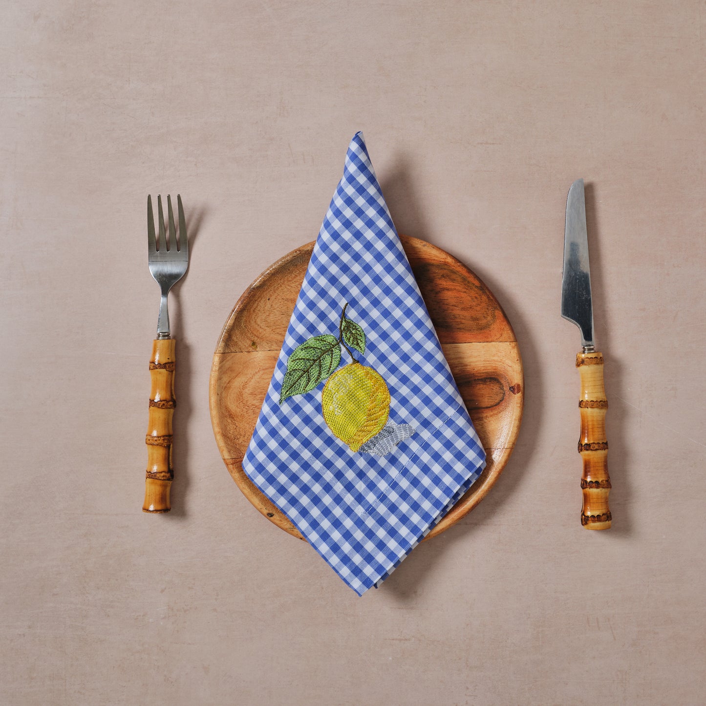 Lemon Embroidered Cotton Napkin – Blue Gingham