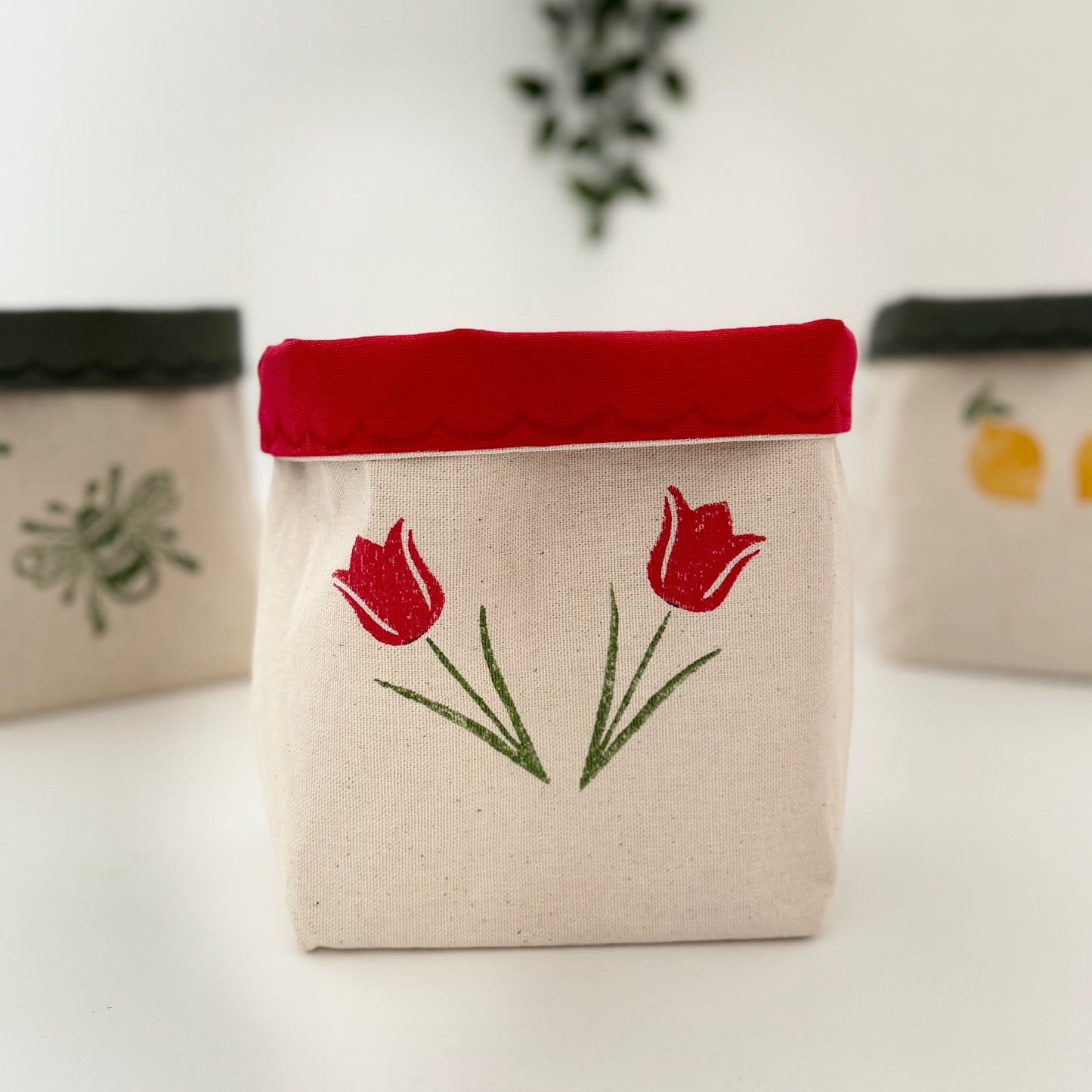 Reversible block-printed fabric storage basket in tulips print, handmade cotton basket by Emena Home UK
