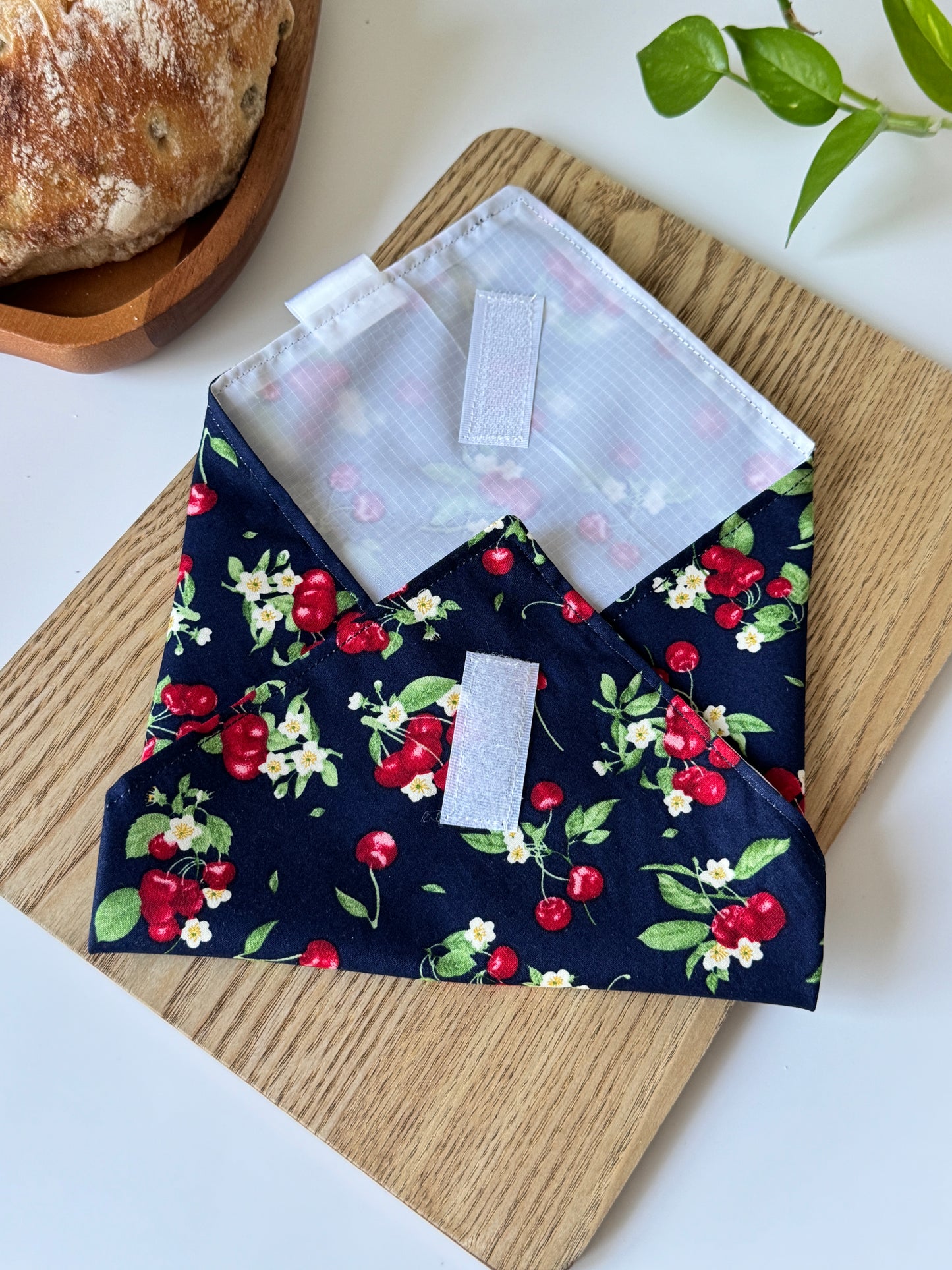Reusable cotton sandwich wrap in cherries print, eco-friendly lunch wrap alternative to plastic, Emena Home UK