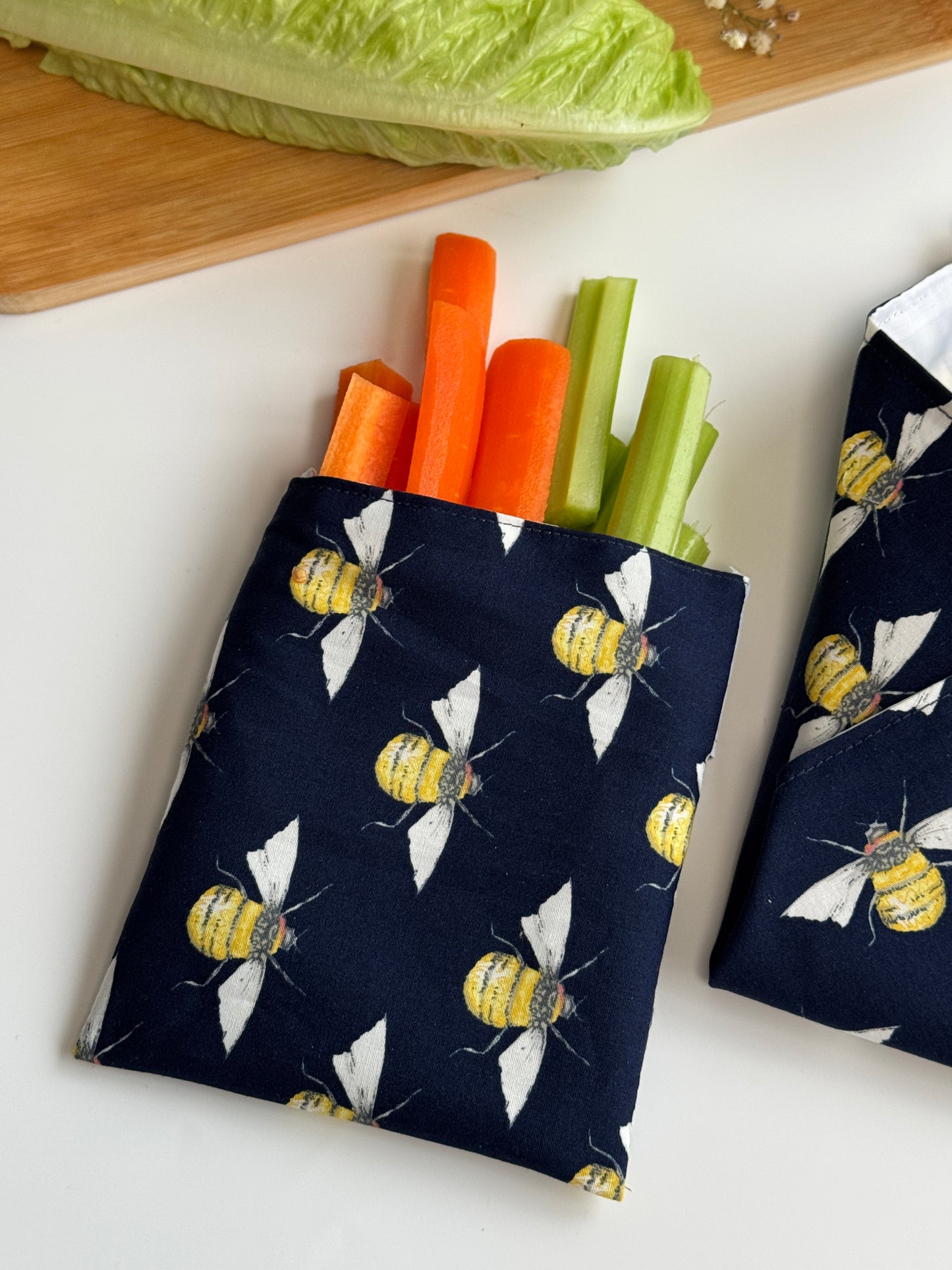 Bee Print Reusable Sandwich & Snack Pouch – Beige (Navy Blue)