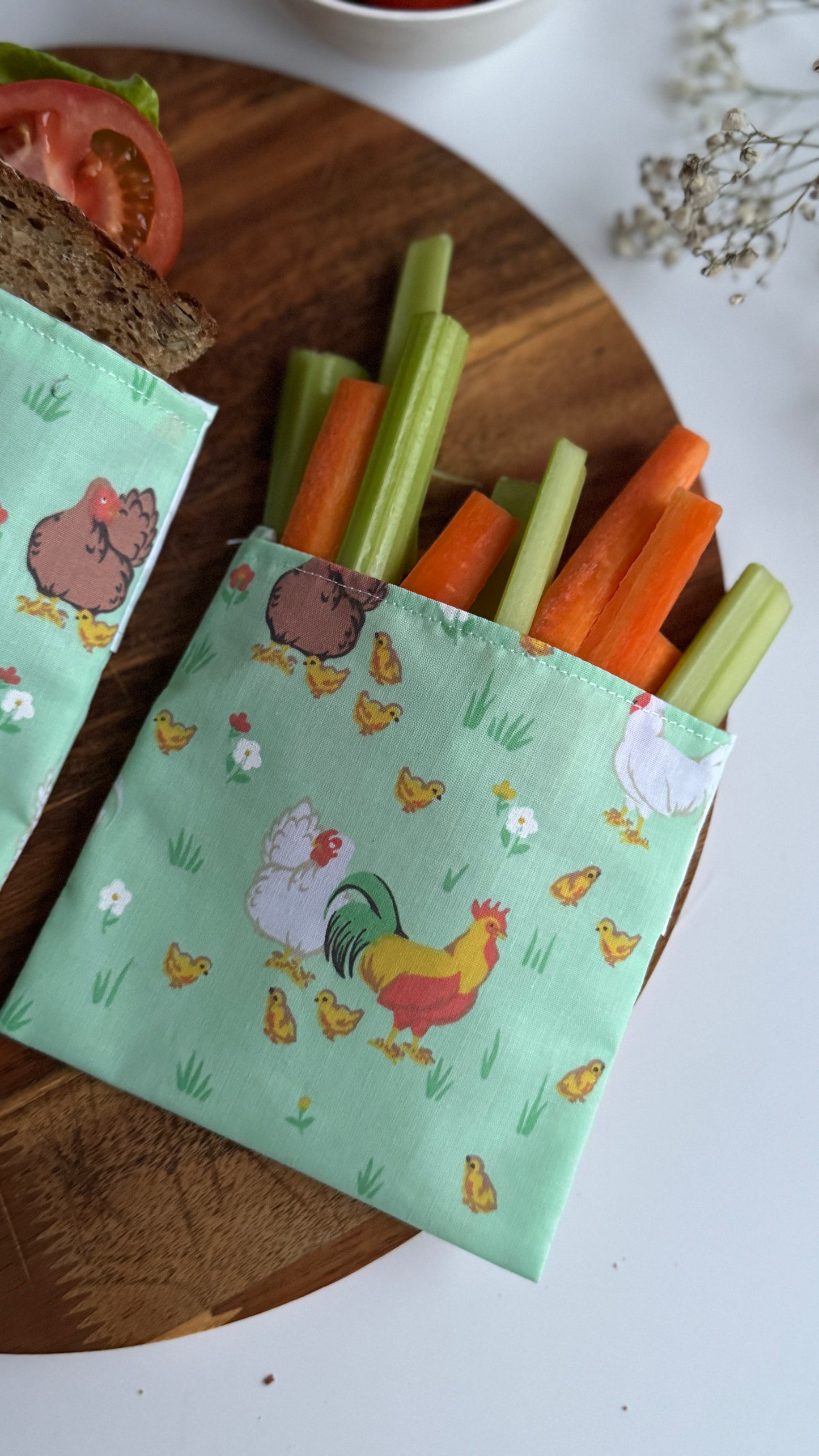Reusable snack pouches in farm chicken print set of 2, eco-friendly cotton pouches by Emena Home UK