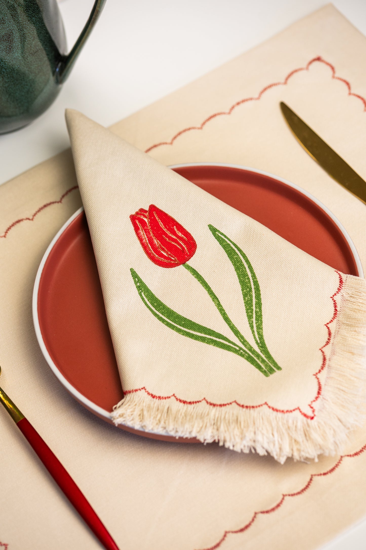 Block Printed Fringed Napkins - Tulips Set of 2