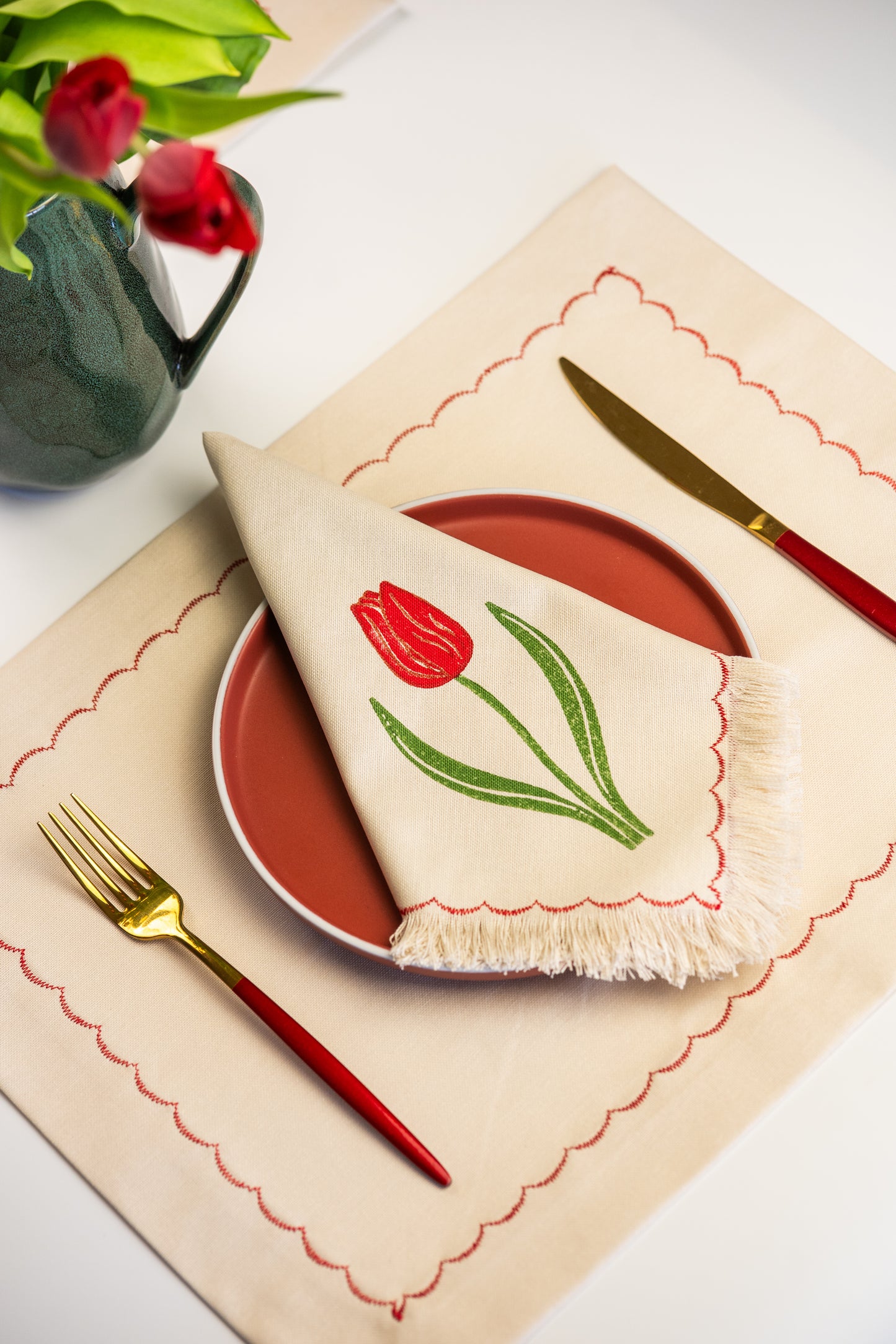 Block Printed Fringed Napkins - Tulips Set of 2