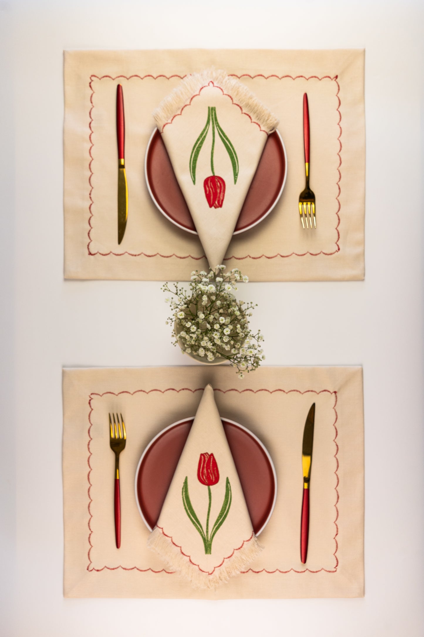Block Printed Fringed Napkins - Tulips Set of 2