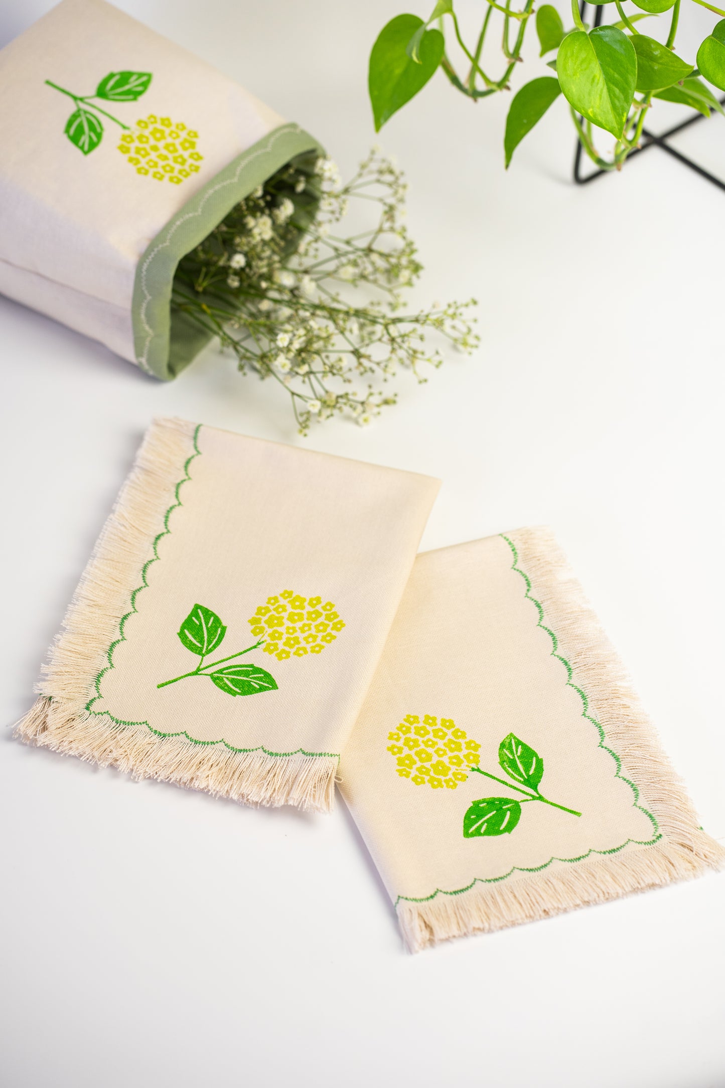 Block Printed Fringed Napkins - Hydrangea Set of 2