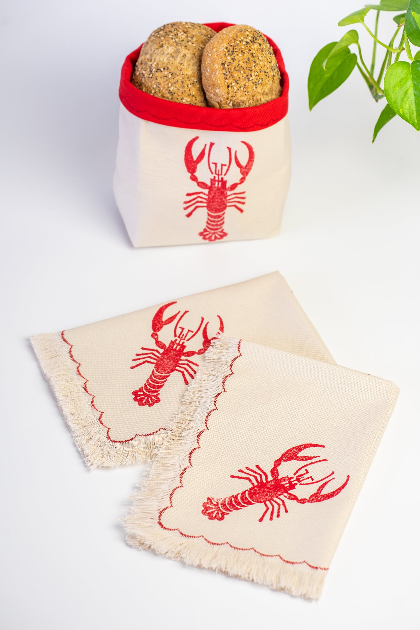 Lobster block printed fringe cotton napkins, handmade cloth napkins by Emena Home UK