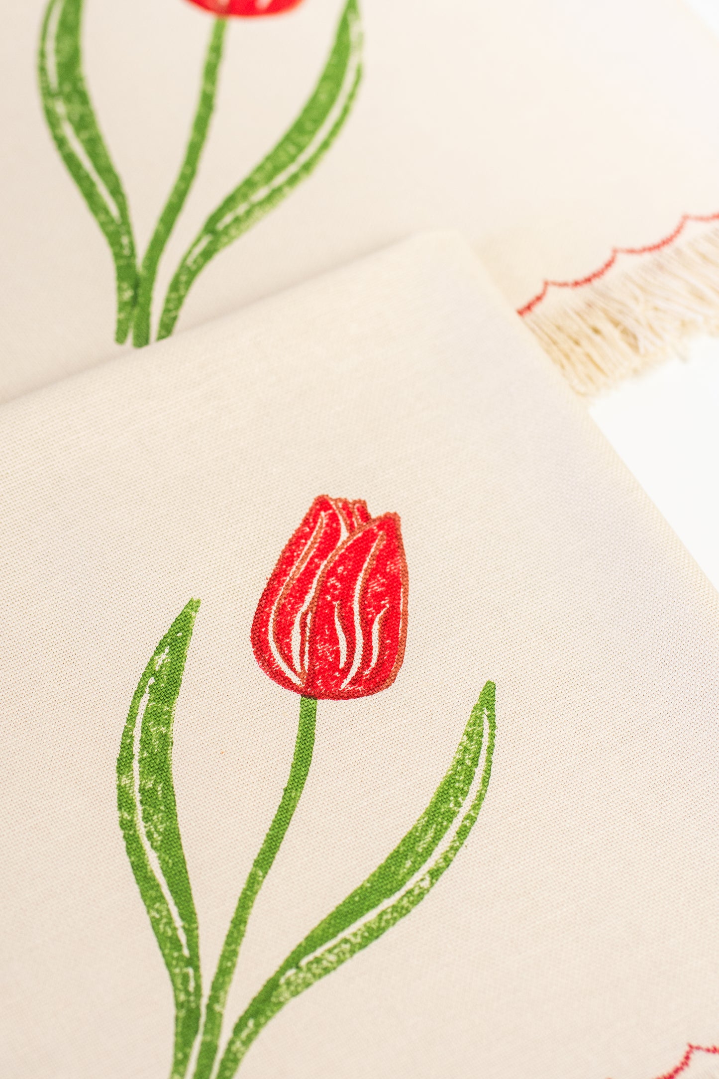 Block Printed Fringed Napkins - Tulips Set of 2