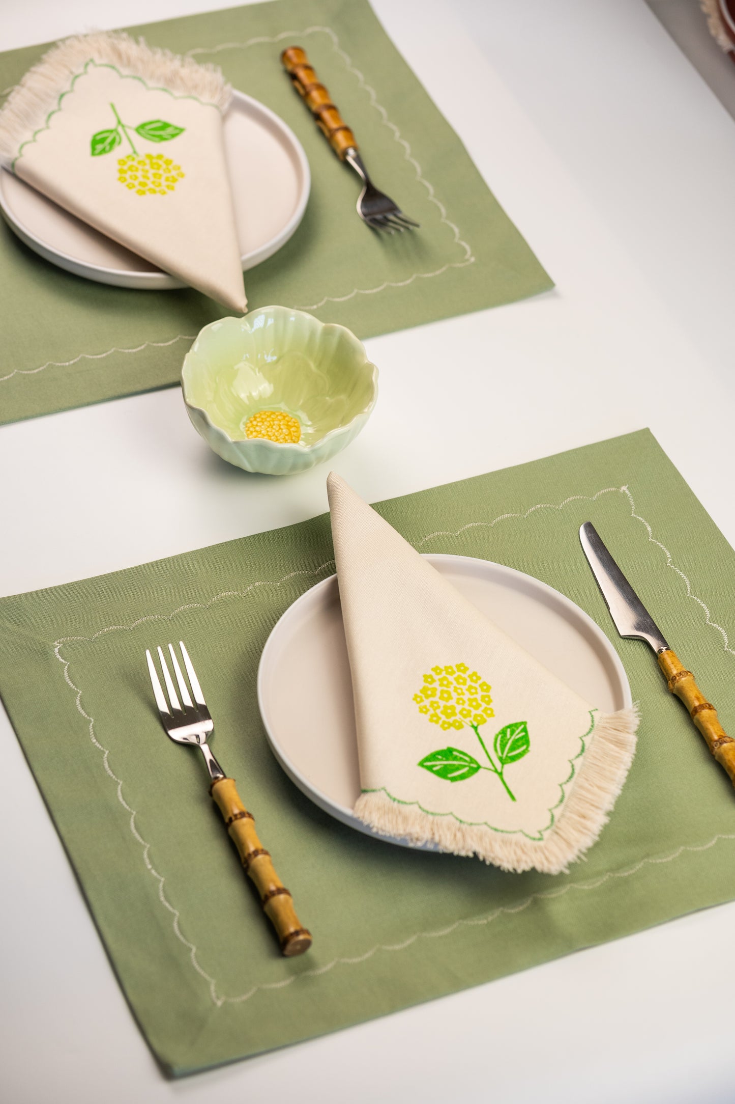 Block Printed Fringed Napkins - Hydrangea Set of 2