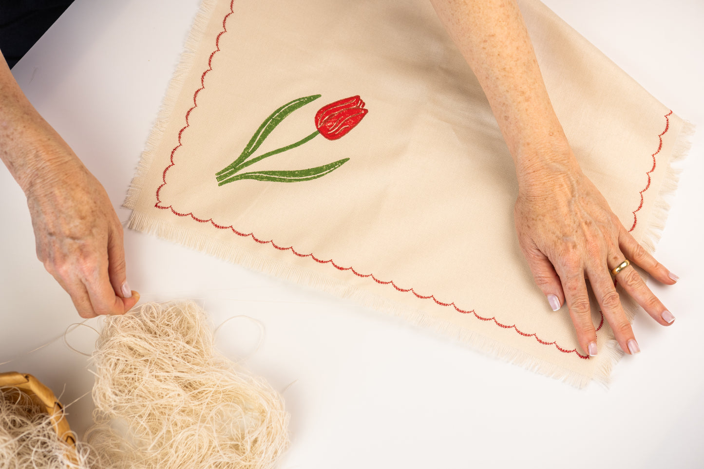 Block Printed Fringed Napkins - Tulips Set of 2
