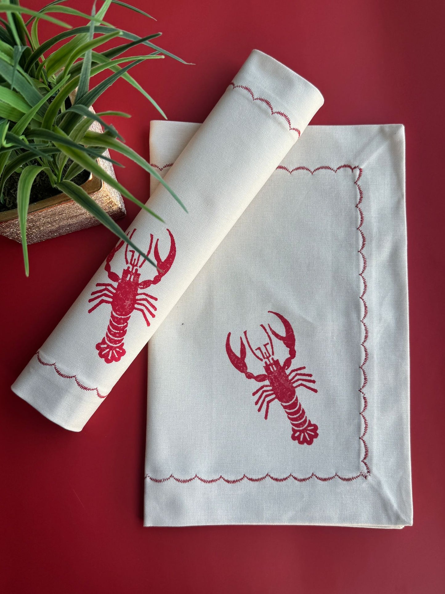 Lobster block printed cotton placemats set of 2, handmade table mats by Emena Home UK