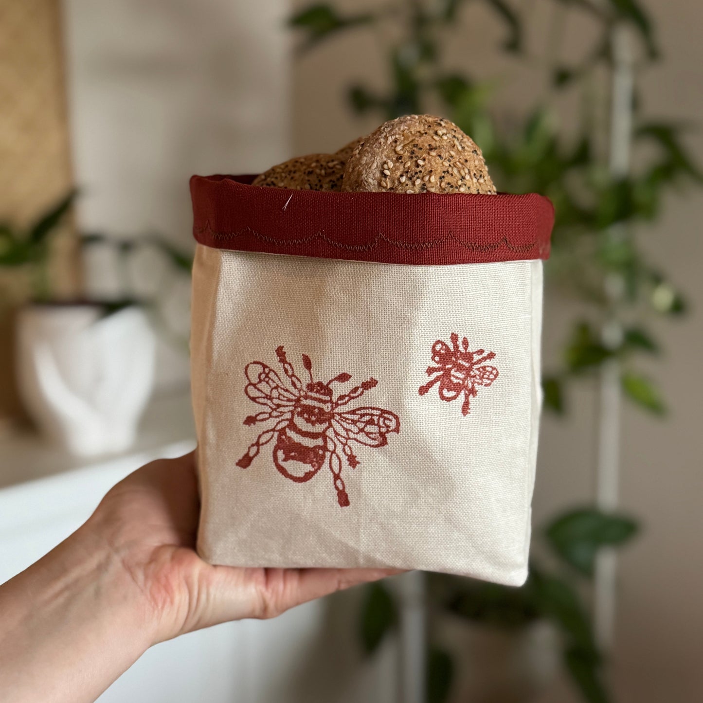 Reversible block-printed fabric storage basket in bees print, handmade cotton basket by Emena Home UK