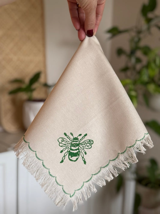 Cotton Block-Printed Fringe Napkins - Bees