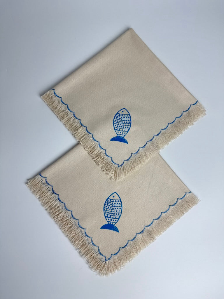 Fish block printed fringe cotton napkins, handmade cloth napkins by Emena Home UK