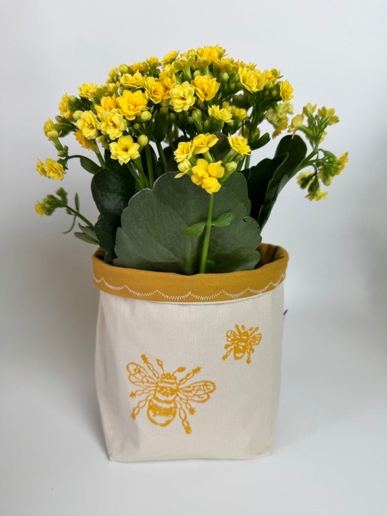 Reversible block-printed fabric storage basket in bees print, handmade cotton basket by Emena Home UK