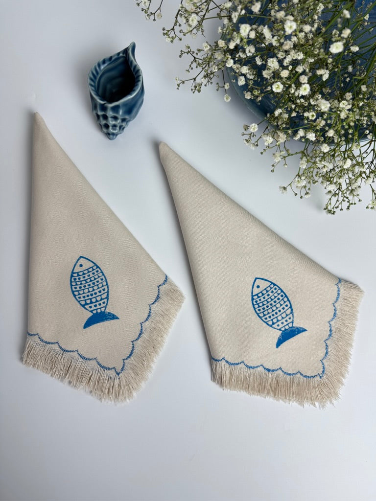 Fish block printed fringe cotton napkins, handmade cloth napkins by Emena Home UK