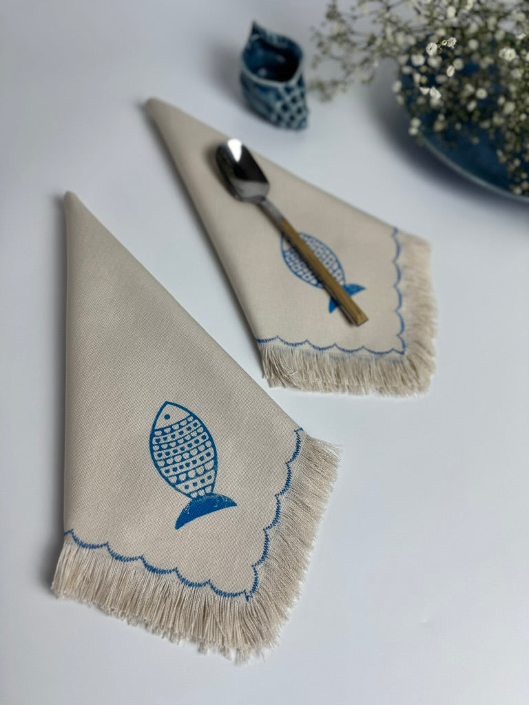 Fish block printed fringe cotton napkins, handmade cloth napkins by Emena Home UK