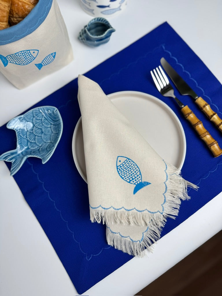 Fish block printed fringe cotton napkins, handmade cloth napkins by Emena Home UK