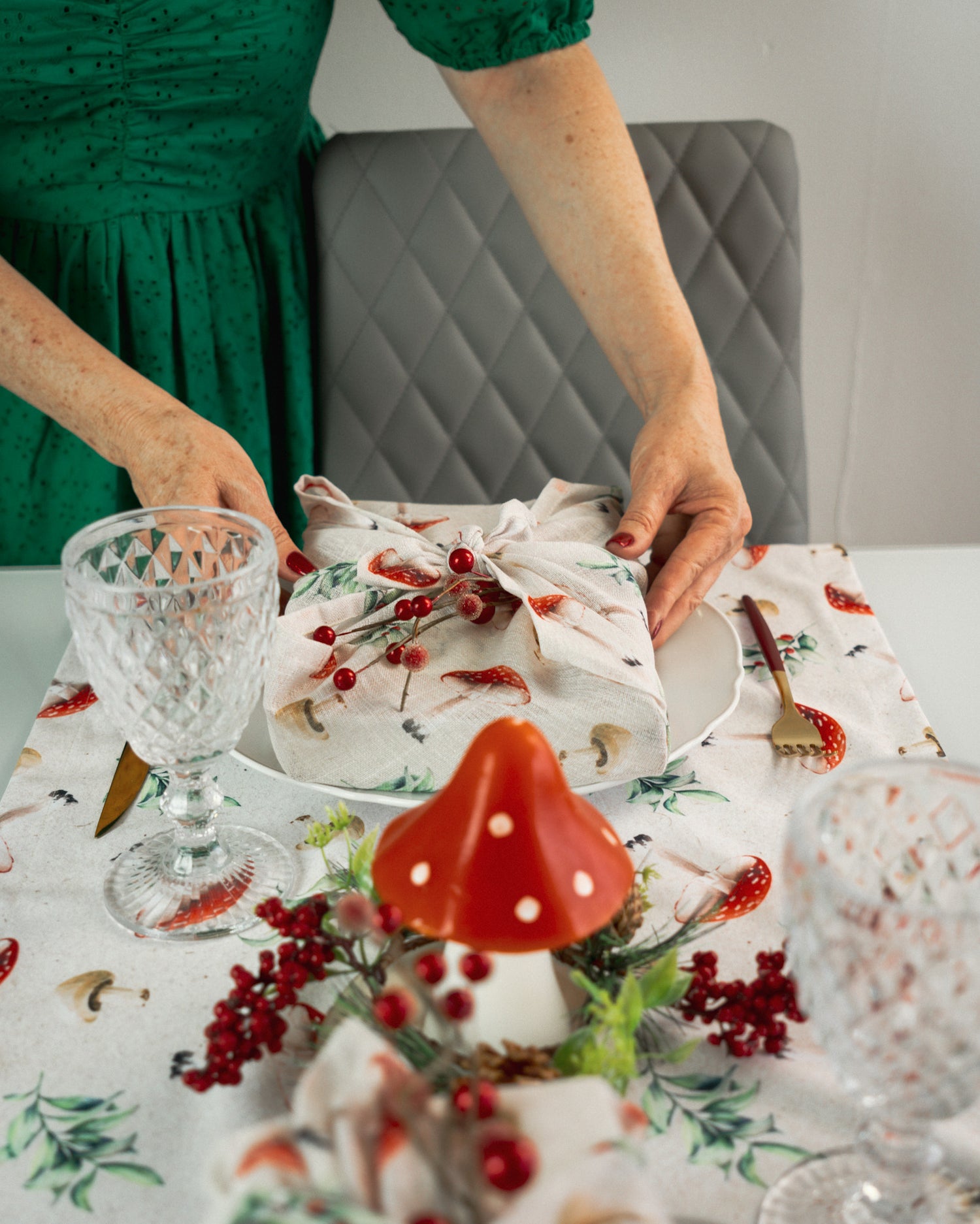 Mushroom toadstool cotton table runner, handmade sustainable table linen by Emena Home UK