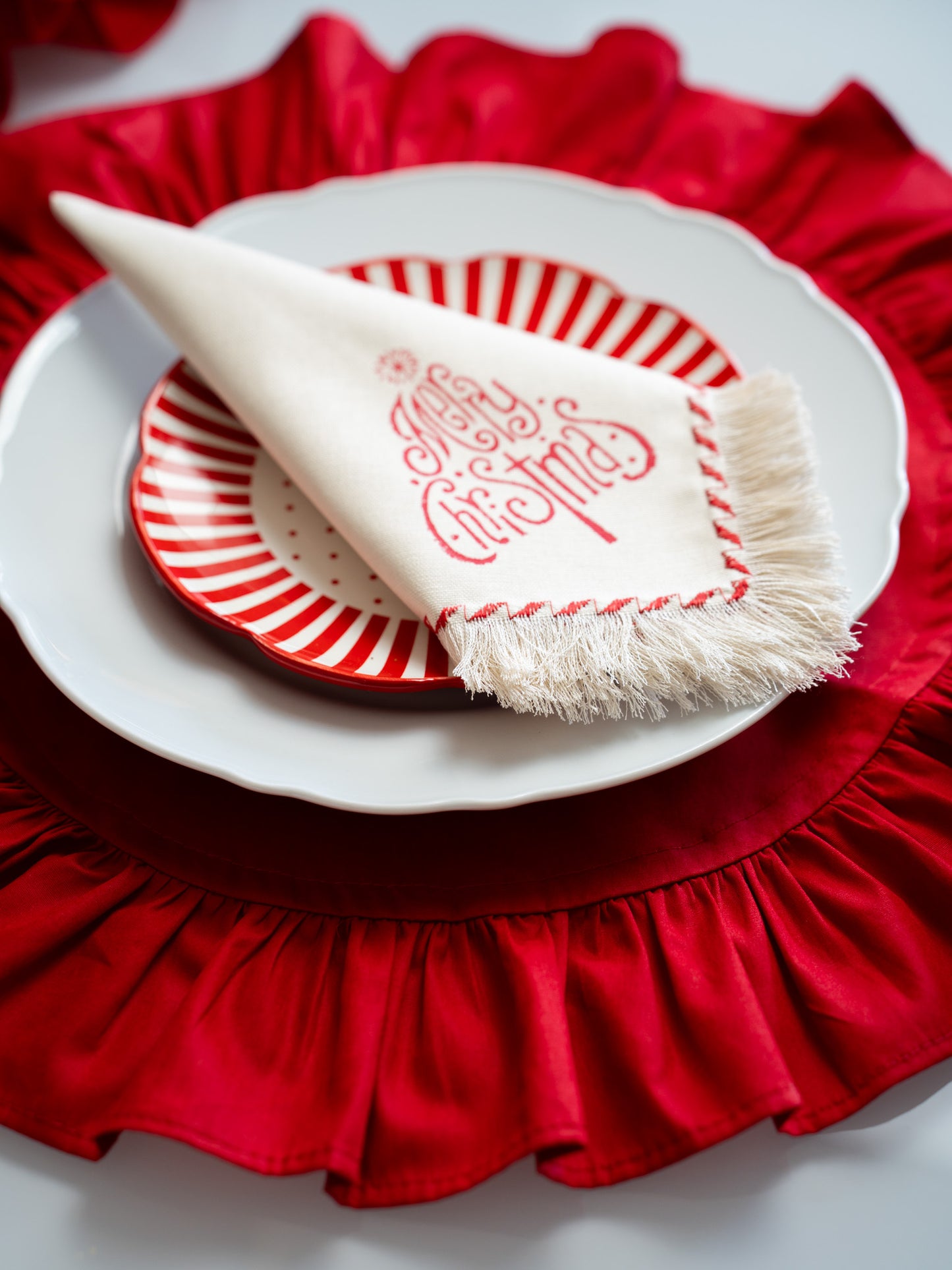 Merry Christmas Block Printed Fringed Napkins