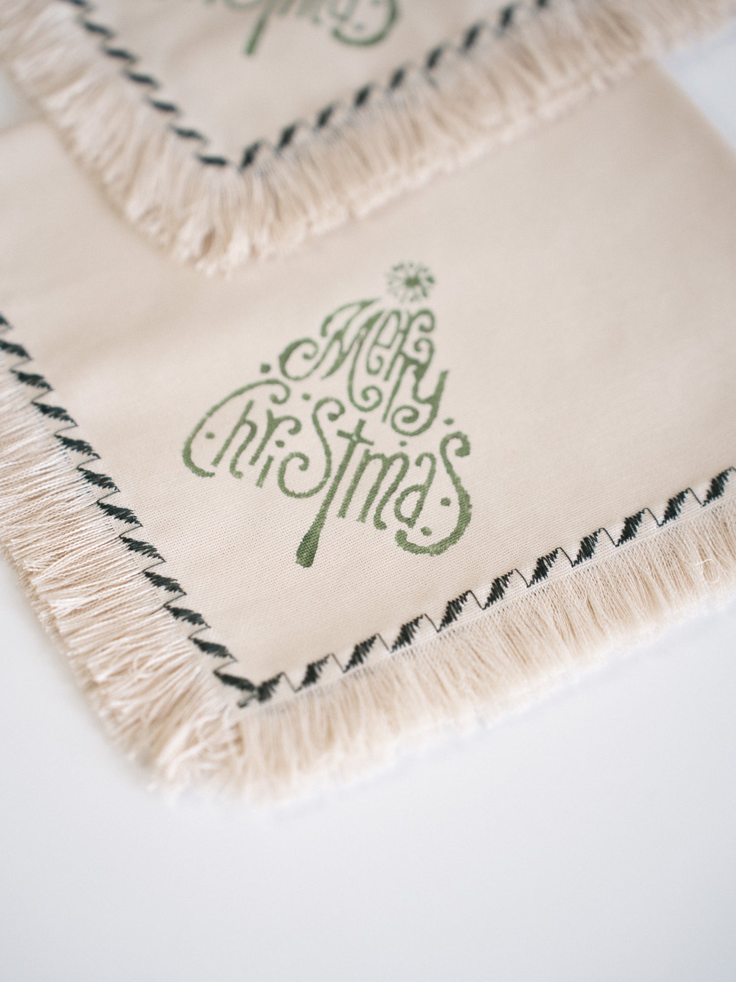 Merry Christmas Block Printed Fringed Napkins