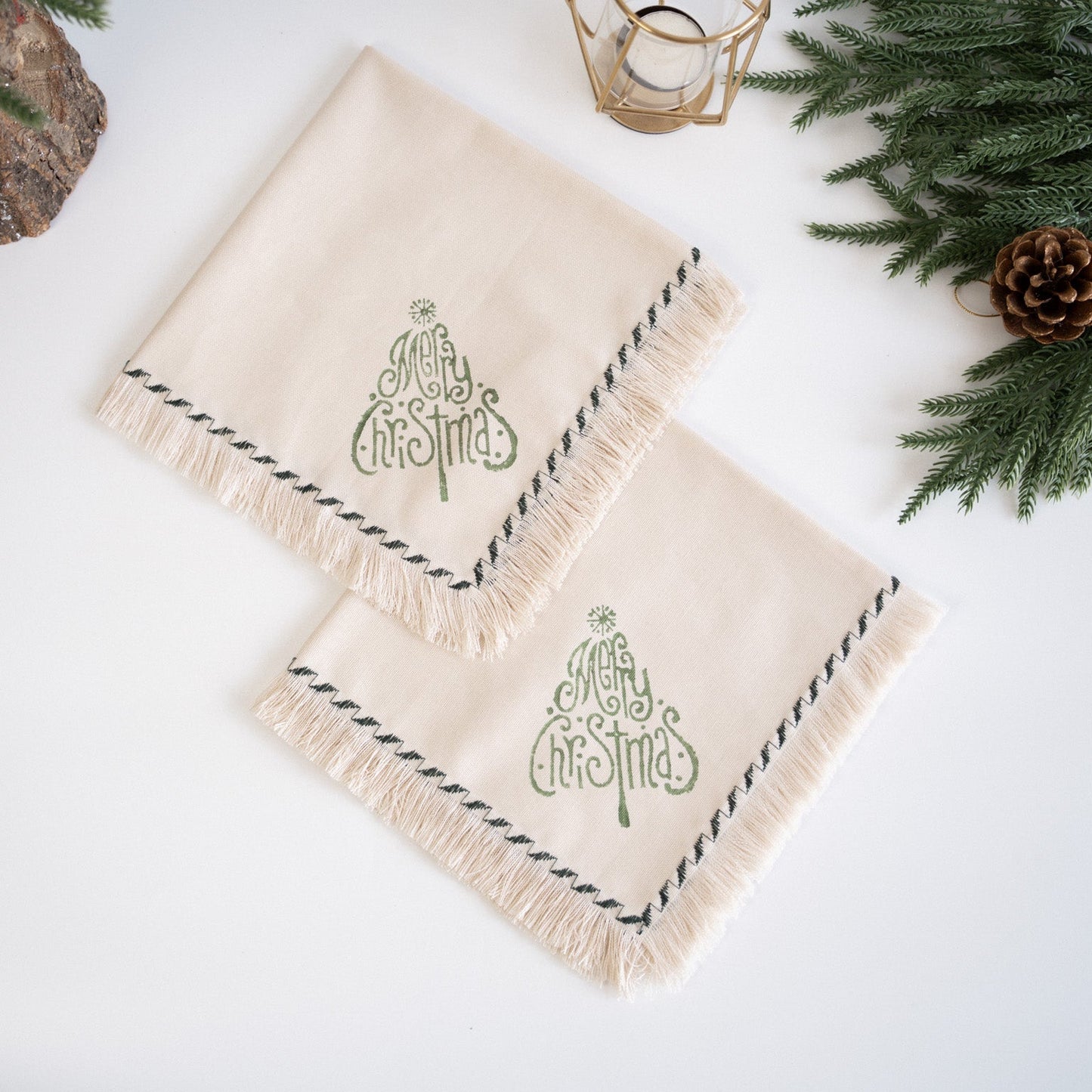 Merry Christmas Block Printed Fringed Napkins