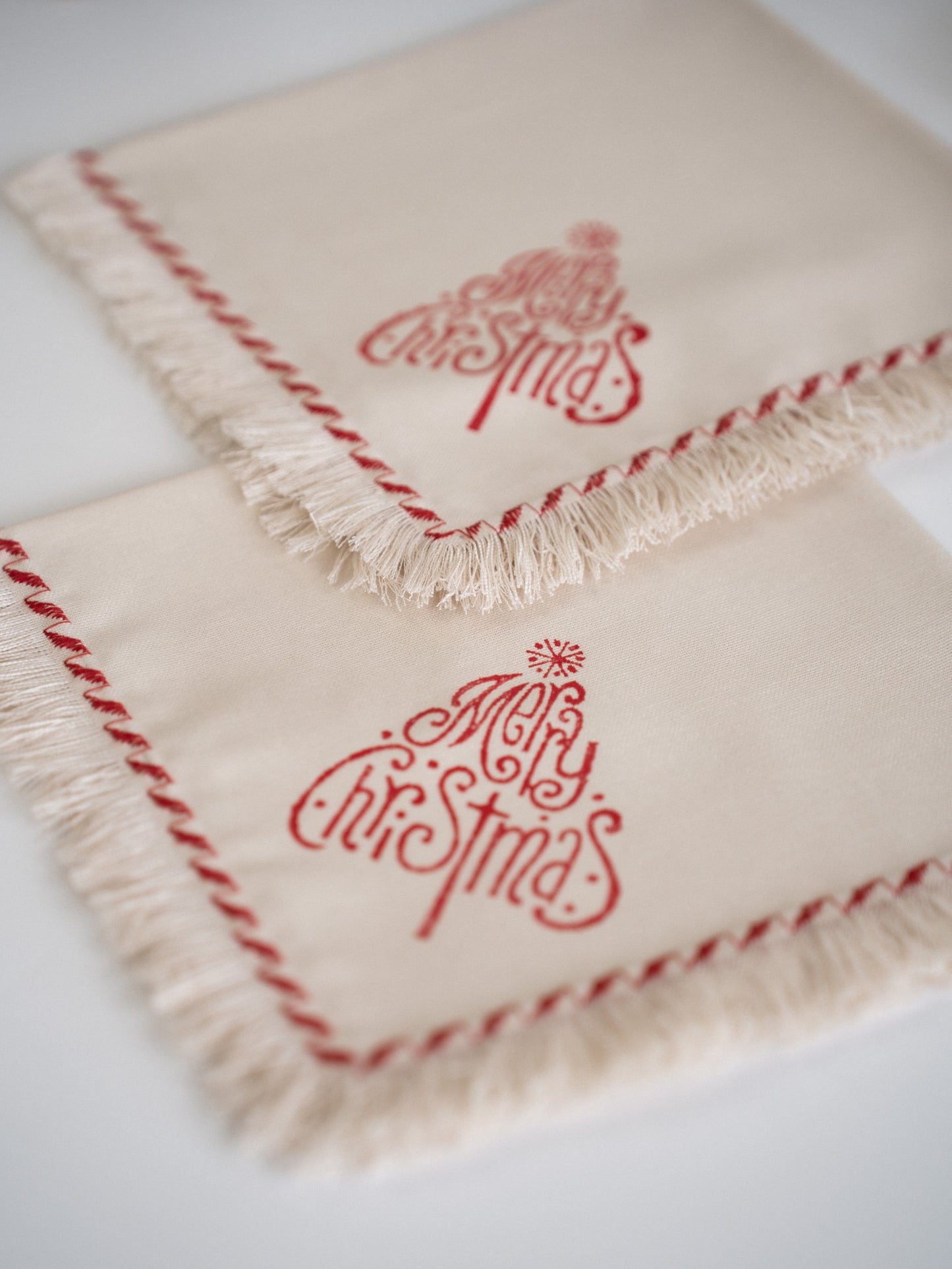Merry Christmas Block Printed Fringed Napkins