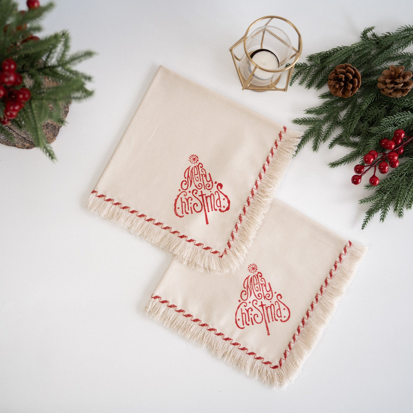 Merry Christmas Block Printed Fringed Napkins