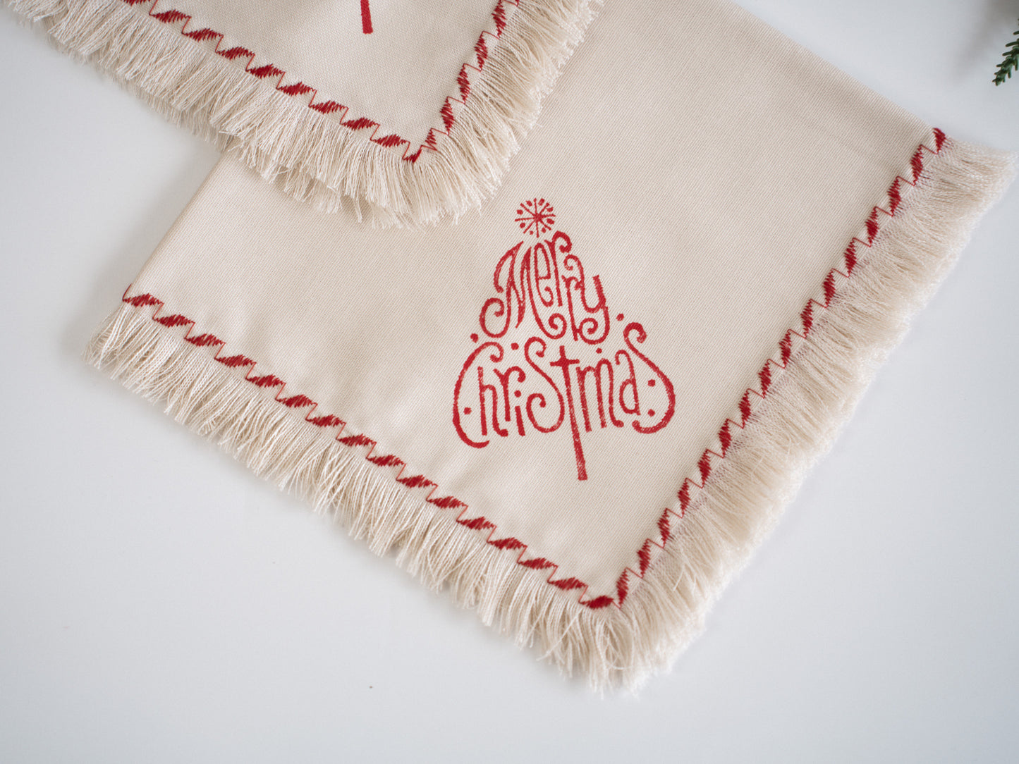 Merry Christmas Block Printed Fringed Napkins