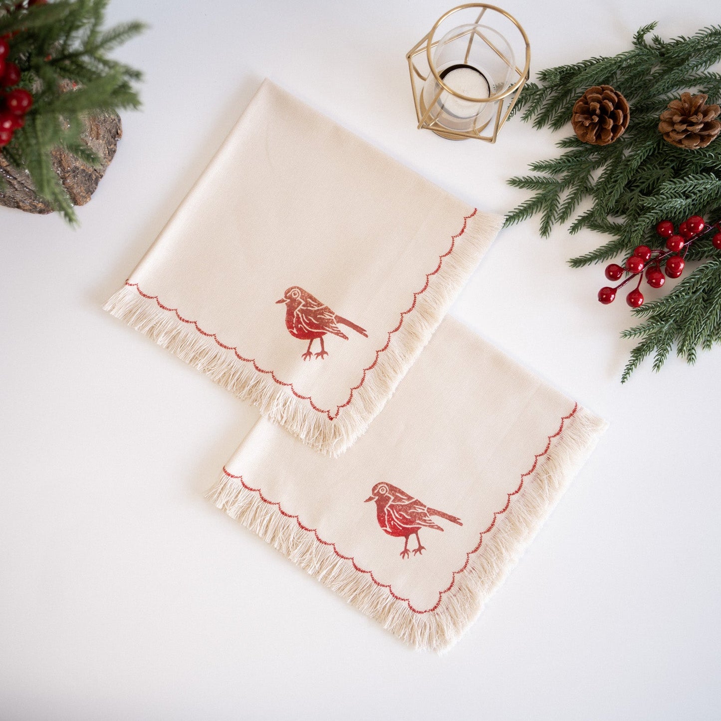 Robin Bird Block-Printed Fabric Basket