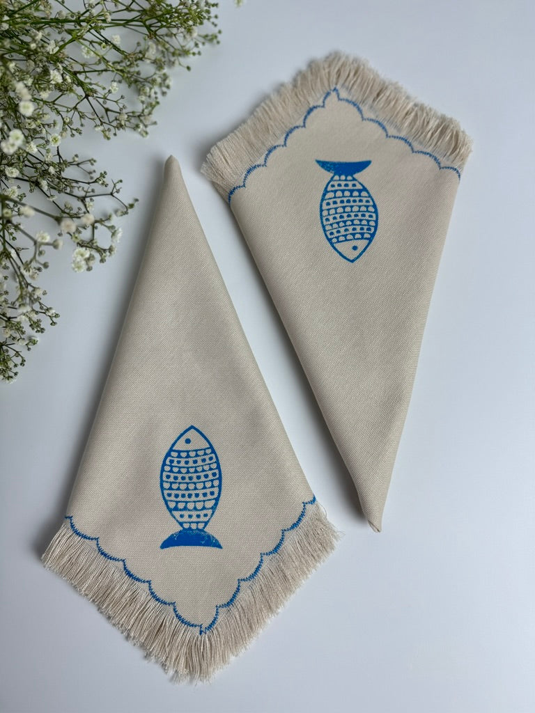 Fish block printed fringe cotton napkins, handmade cloth napkins by Emena Home UK