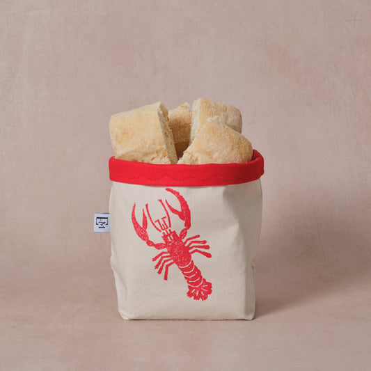 Reversible block-printed fabric storage basket in lobster print, handmade cotton basket by Emena Home UK