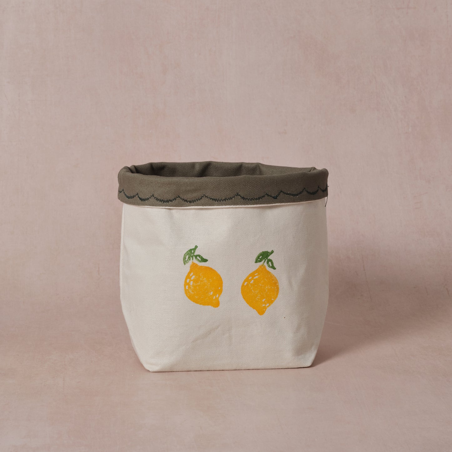 Reversible block-printed fabric storage basket in lemon print, handmade cotton basket by Emena Home UK