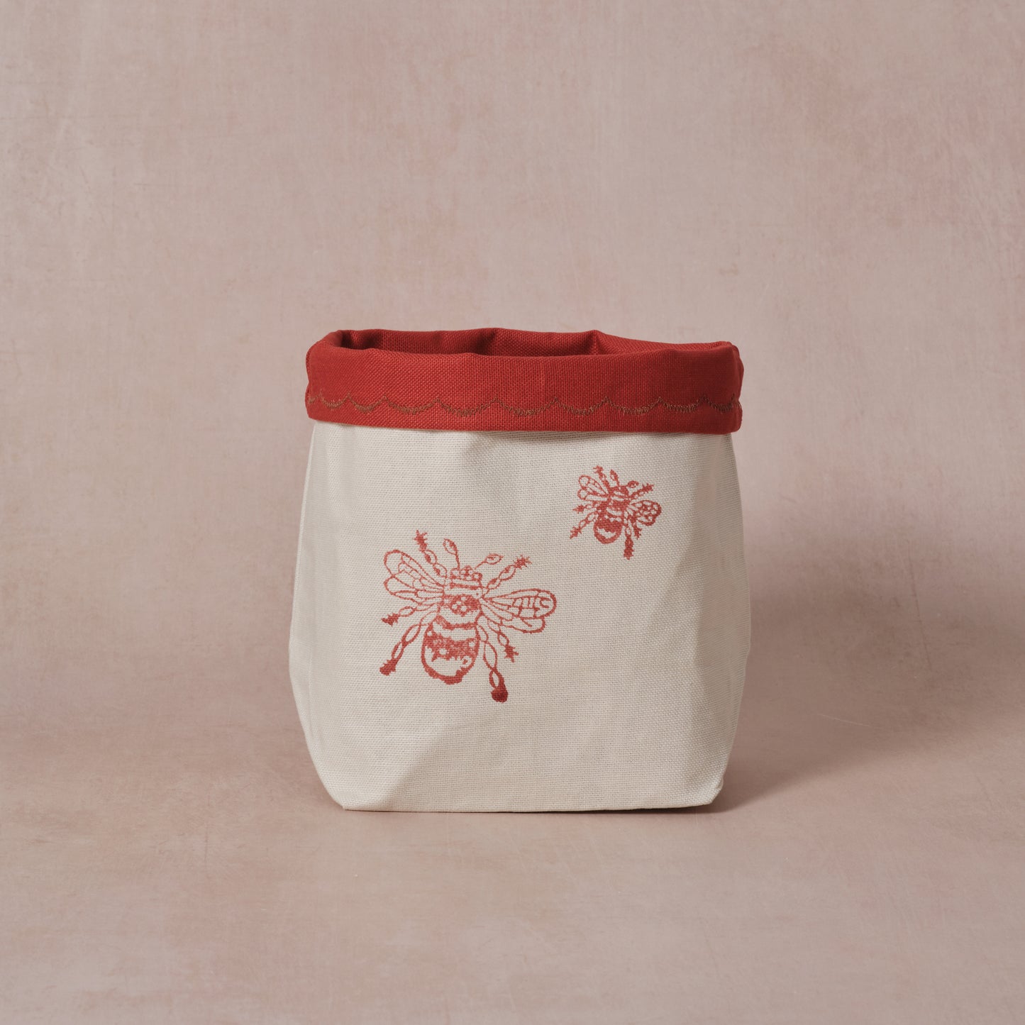 Reversible block-printed fabric storage basket in bees print, handmade cotton basket by Emena Home UK