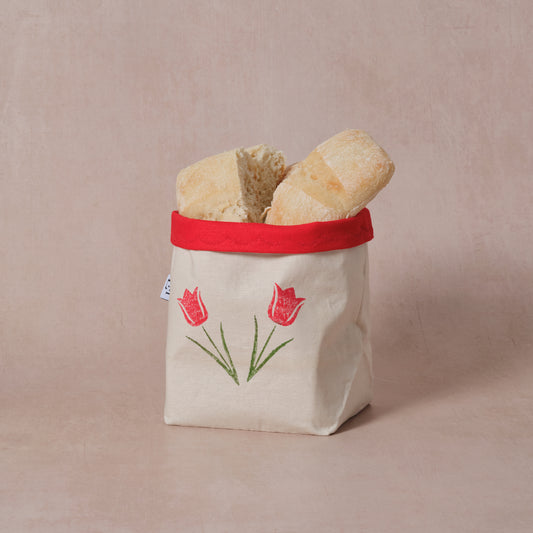Reversible block-printed fabric storage basket in tulips print, handmade cotton basket by Emena Home UK