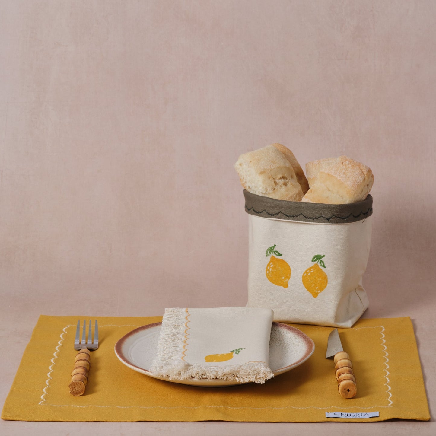 Reversible block-printed fabric storage basket in lemon print, handmade cotton basket by Emena Home UK