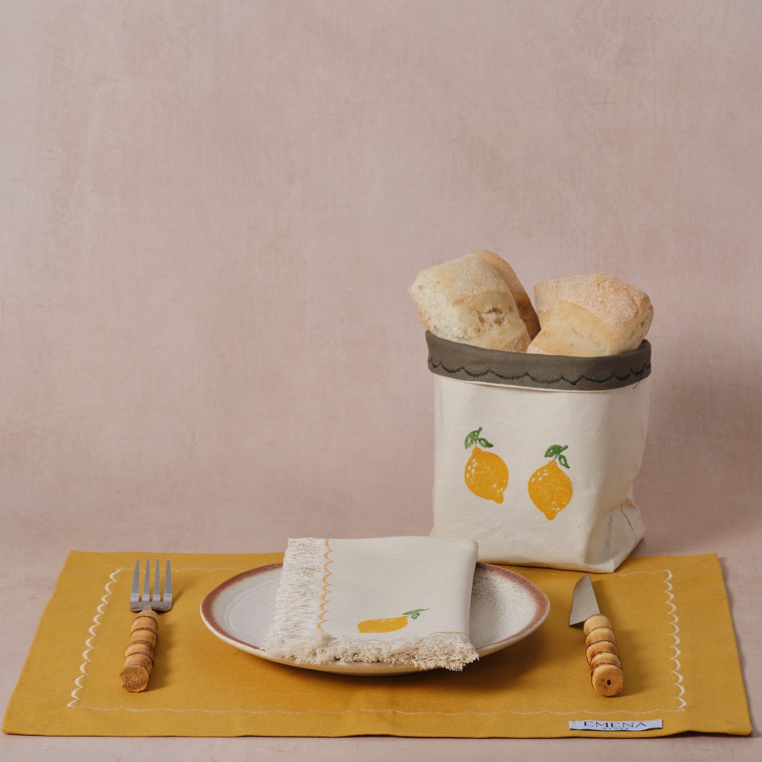 Reversible block-printed fabric storage basket in lemon print, handmade cotton basket by Emena Home UK