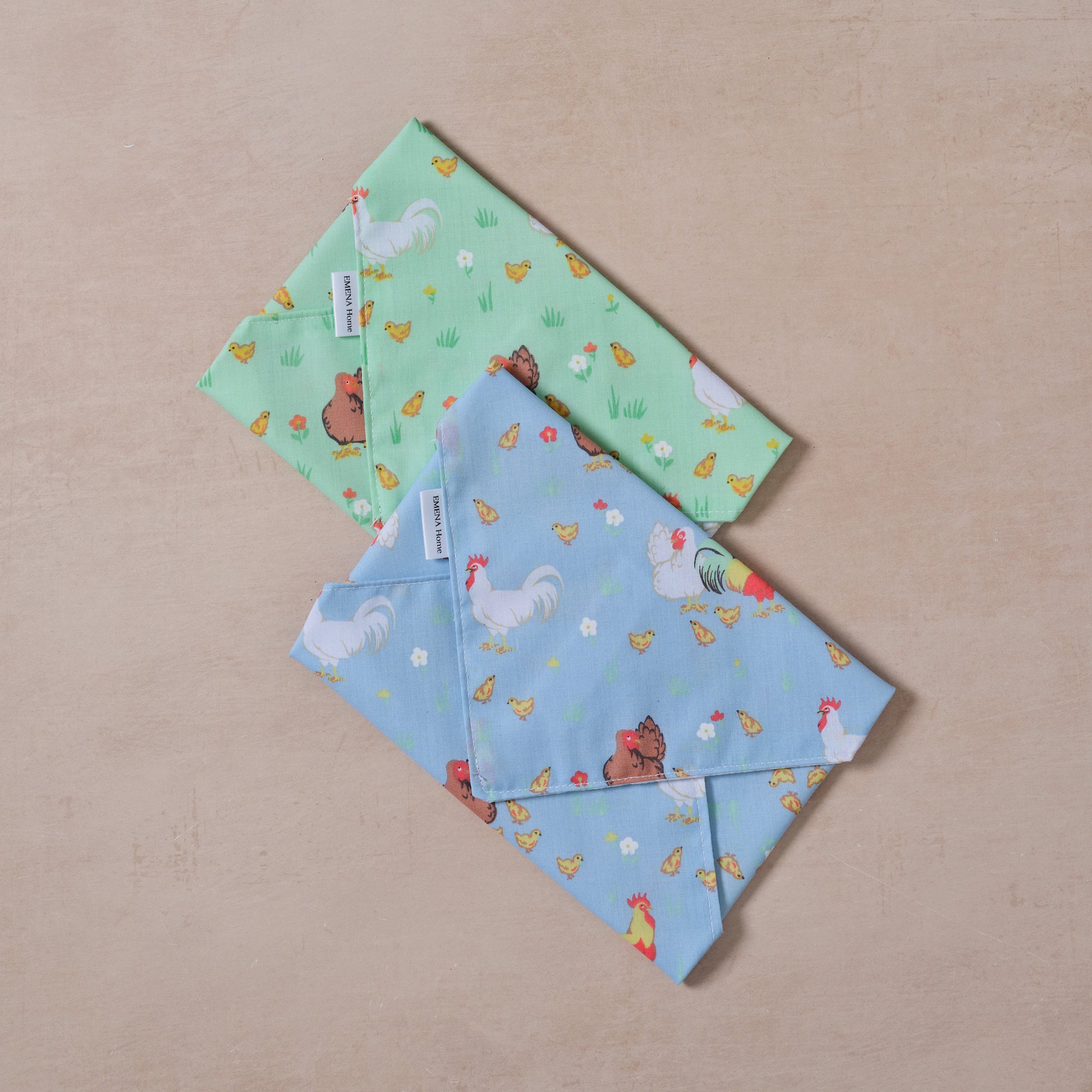 Reusable cotton sandwich wrap in farm chicken print, eco-friendly lunch wrap by Emena Home UK
