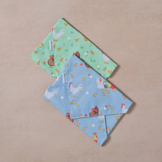 Reusable cotton sandwich wrap in farm chicken print, eco-friendly lunch wrap by Emena Home UK