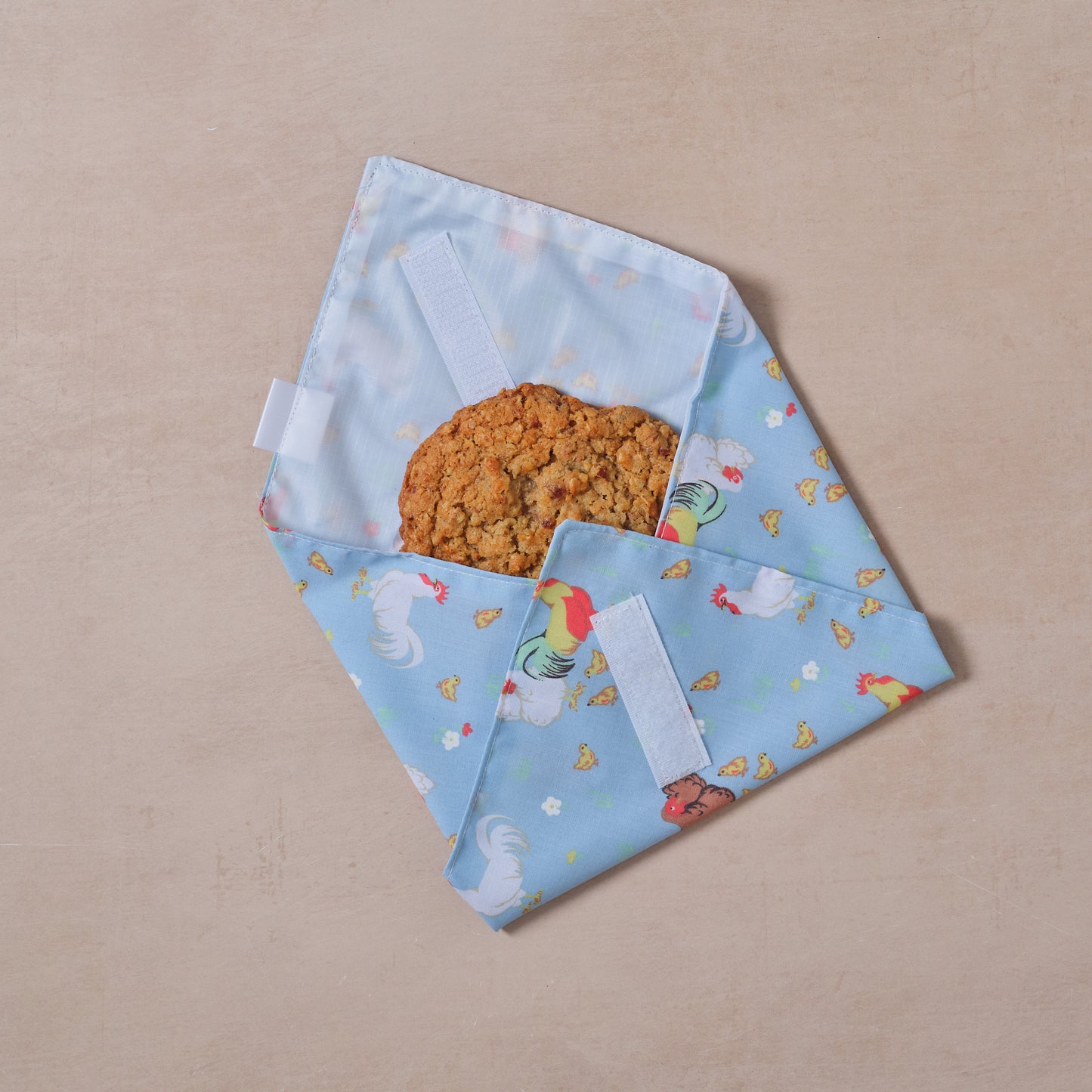 Reusable cotton sandwich wrap in farm chicken print, eco-friendly lunch wrap by Emena Home UK
