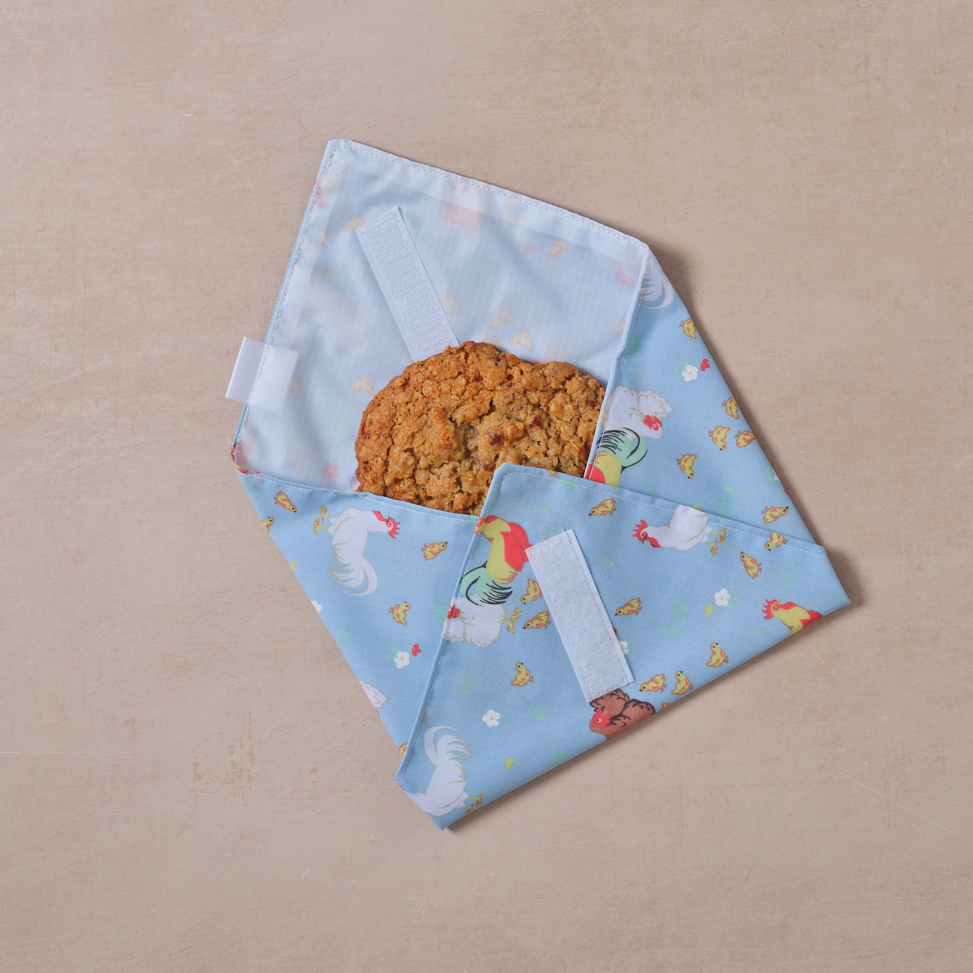 Reusable cotton sandwich wrap in farm chicken print, eco-friendly lunch wrap by Emena Home UK