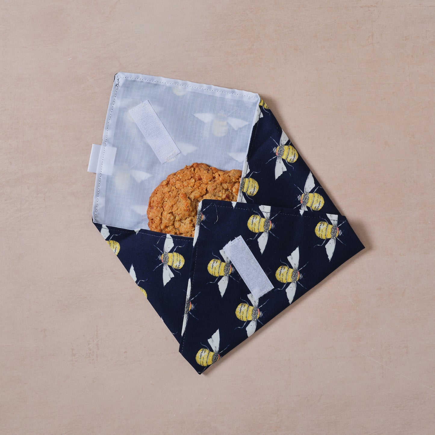 Reusable cotton sandwich wrap in bees print, eco-friendly lunch wrap alternative to clingfilm, Emena Home UK