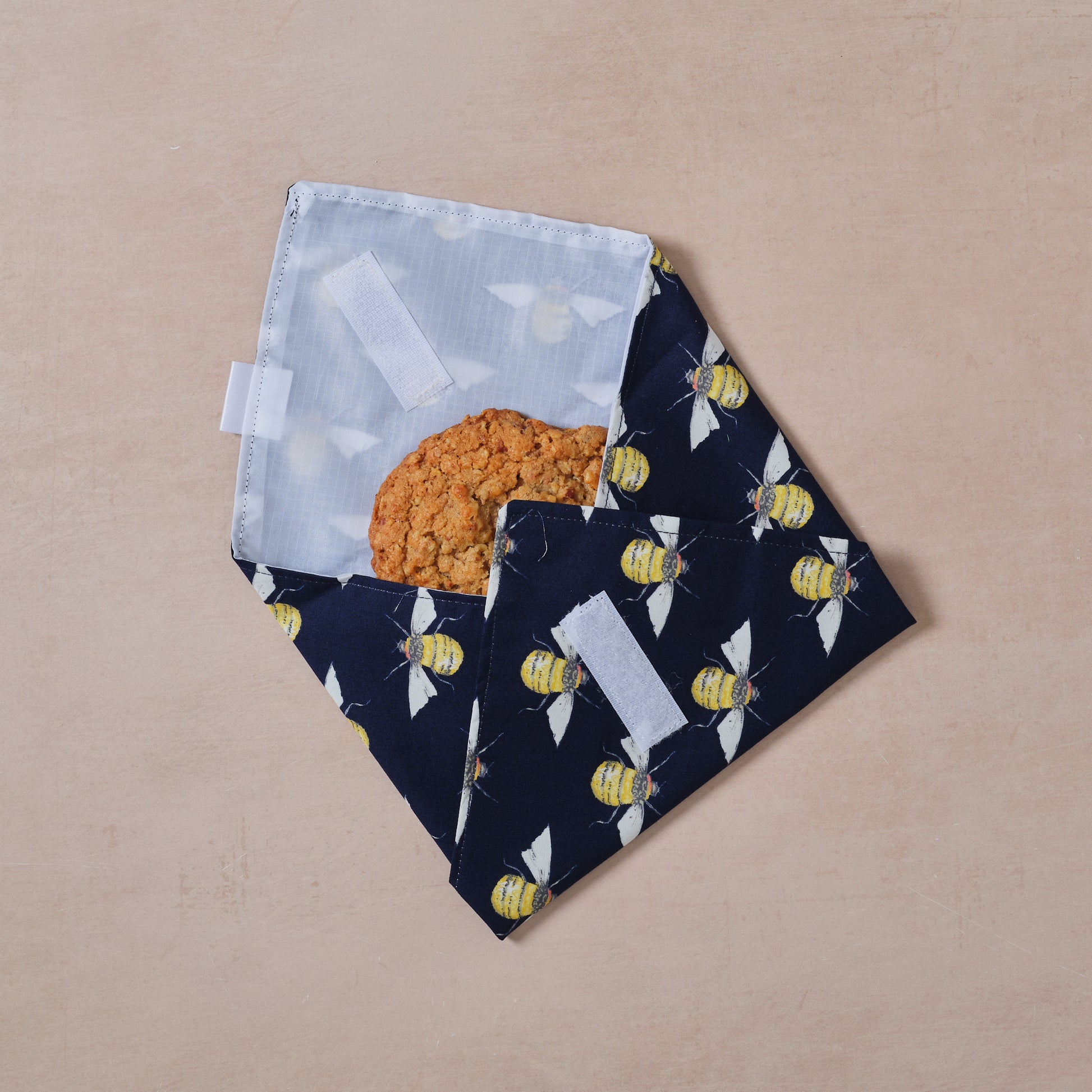 Reusable cotton sandwich wrap in bees print, eco-friendly lunch wrap alternative to clingfilm, Emena Home UK