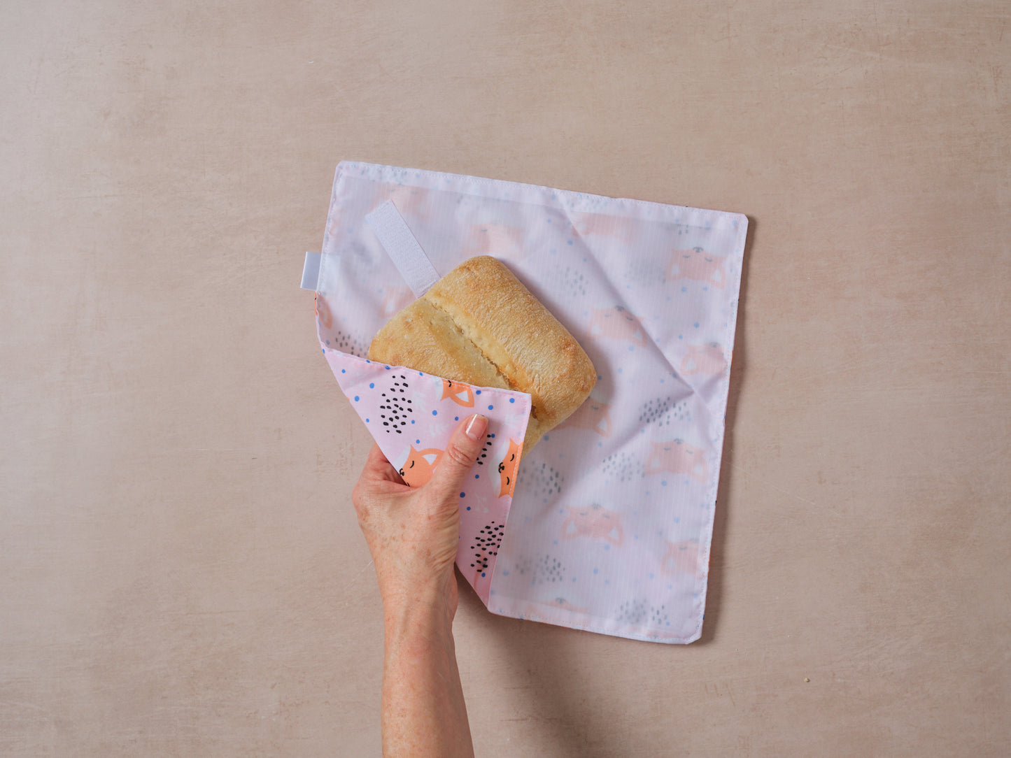 Reusable cotton sandwich wrap in fox print, eco-friendly lunch wrap alternative to plastic, Emena Home UK