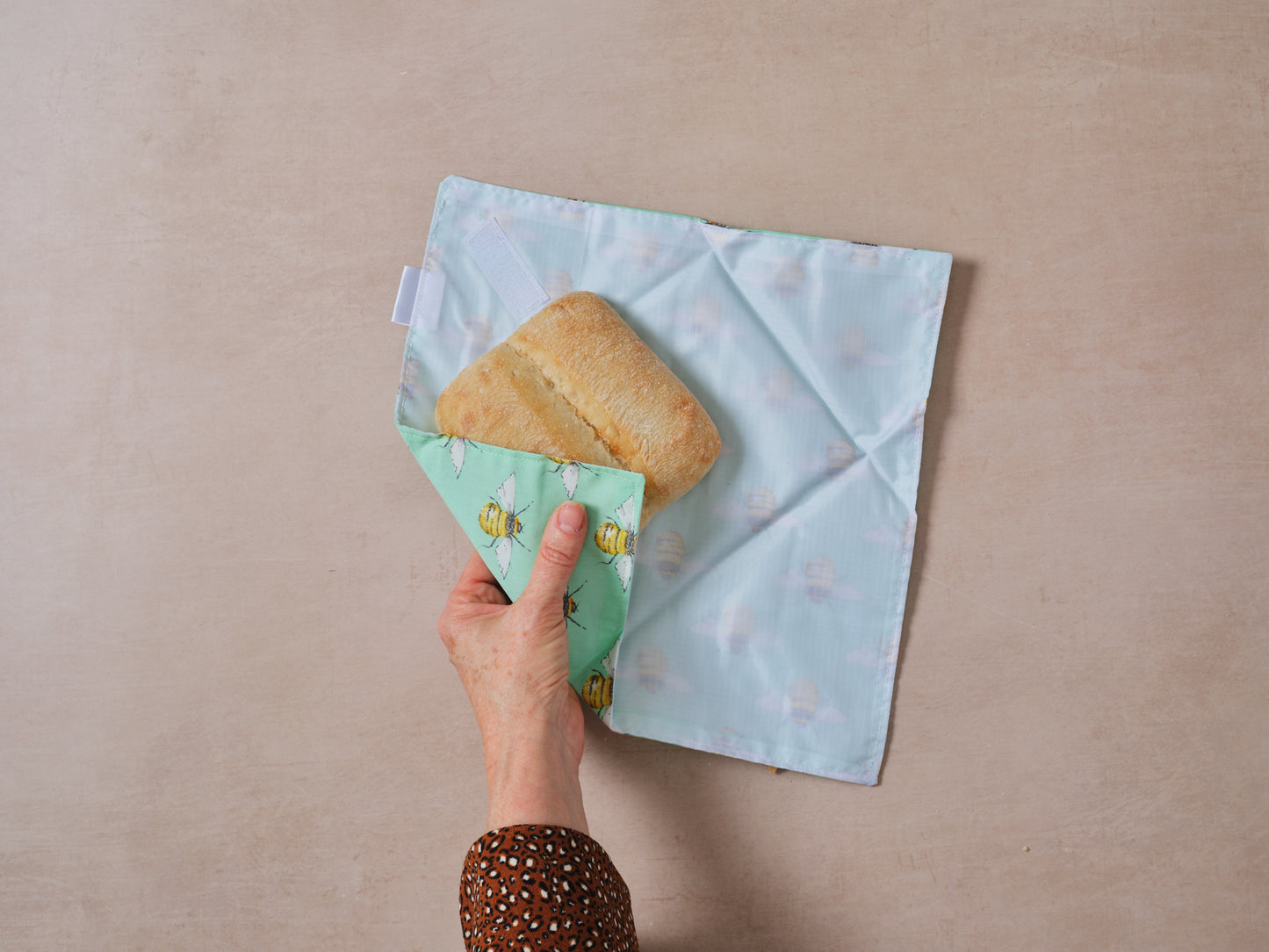 Reusable cotton sandwich wrap in bees print, eco-friendly lunch wrap alternative to clingfilm, Emena Home UK