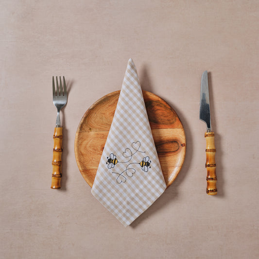 Bee Embroidered Cotton Napkin – Beige Gingham