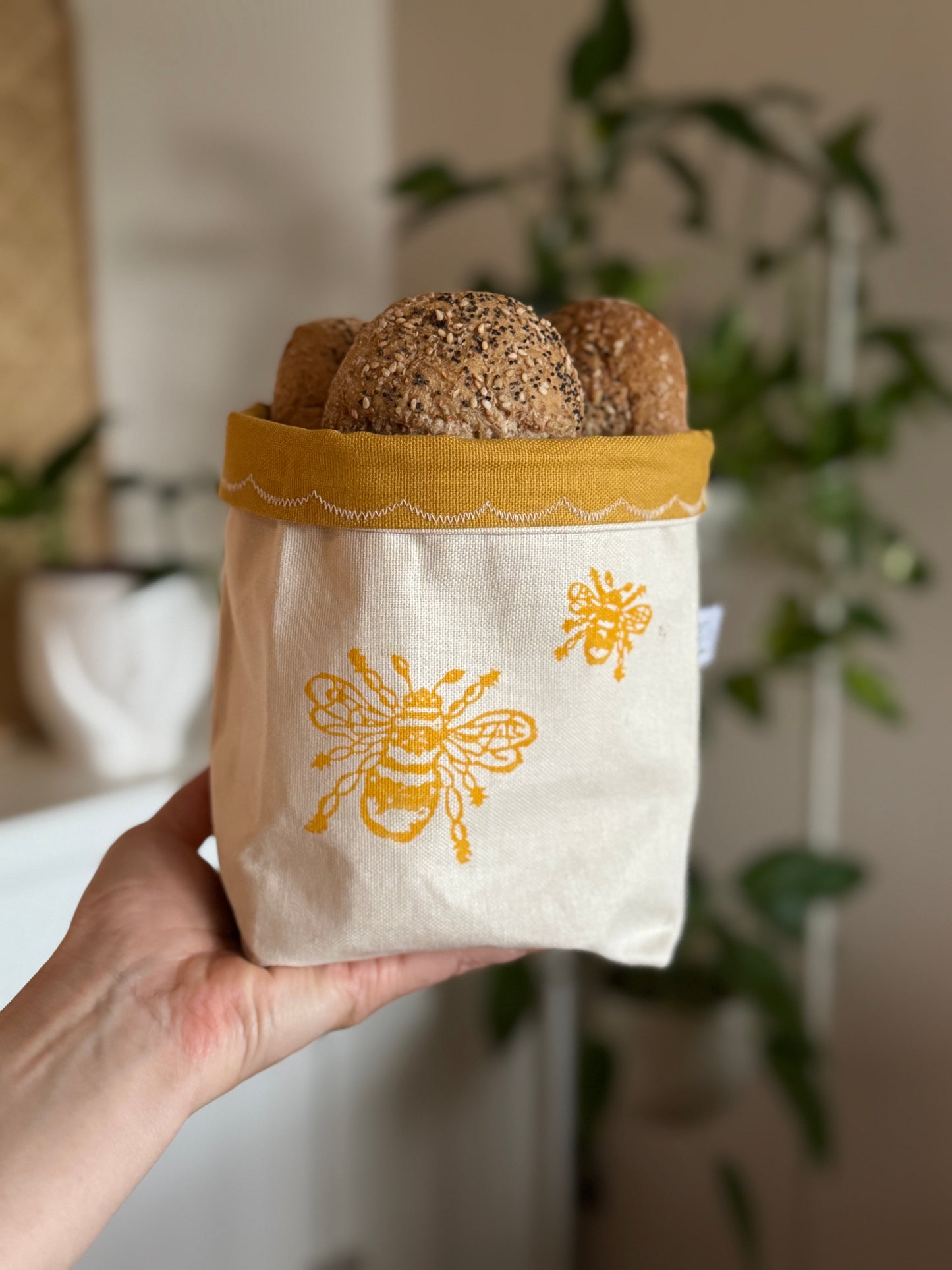Reversible block-printed fabric storage basket in bees print, handmade cotton basket by Emena Home UK