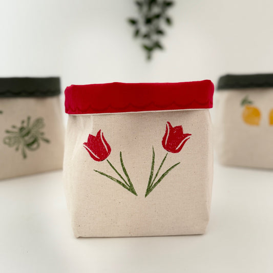 Reversible Block-Printed Fabric Basket: Tulips