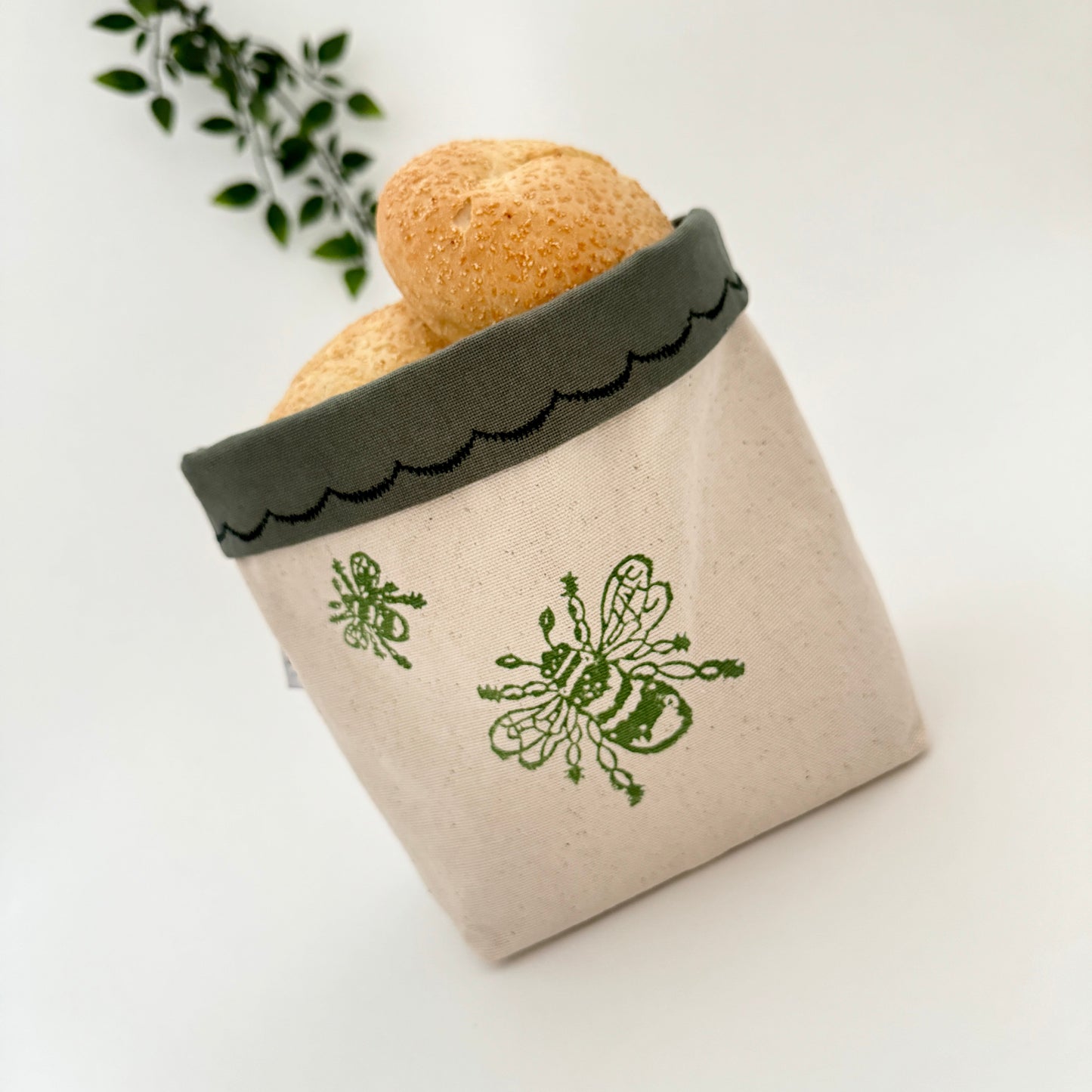 Reversible block-printed fabric storage basket in bees print, handmade cotton basket by Emena Home UK