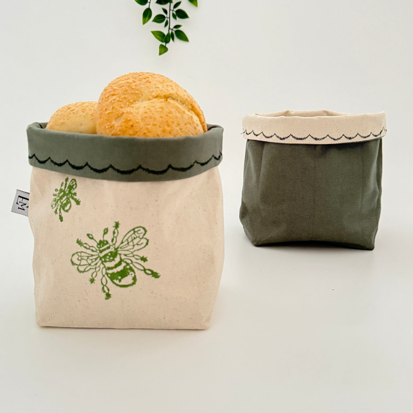 Reversible block-printed fabric storage basket in bees print, handmade cotton basket by Emena Home UK